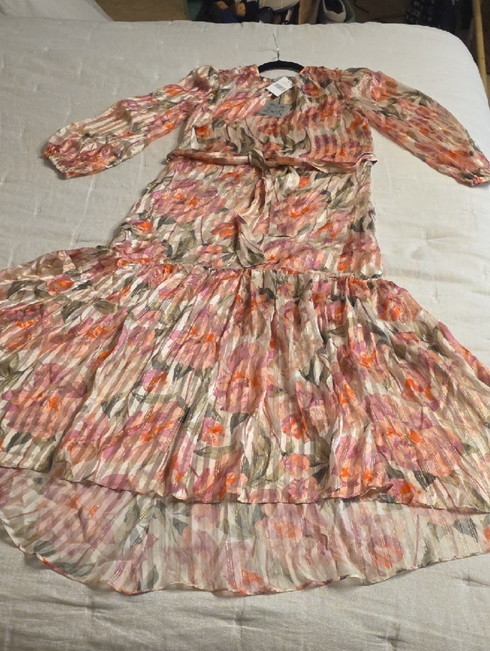 Black Iris Silk Sheer Pink Floral Maxi Dress with Tie Waist Size 2 Fits a S-M - Picture 5 of 13